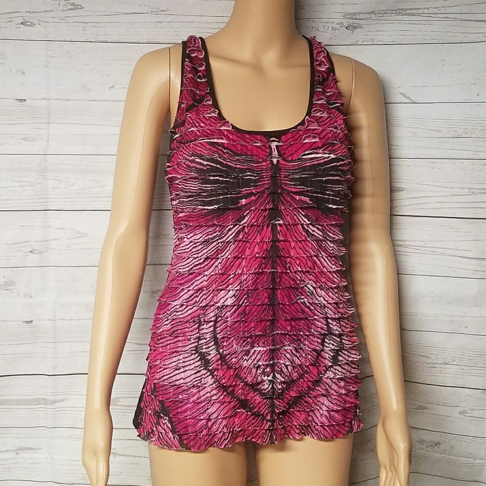 HOT TEMPERED Colorful Abstract Ruffle Down Summer Racerback - Picture 2 of 9